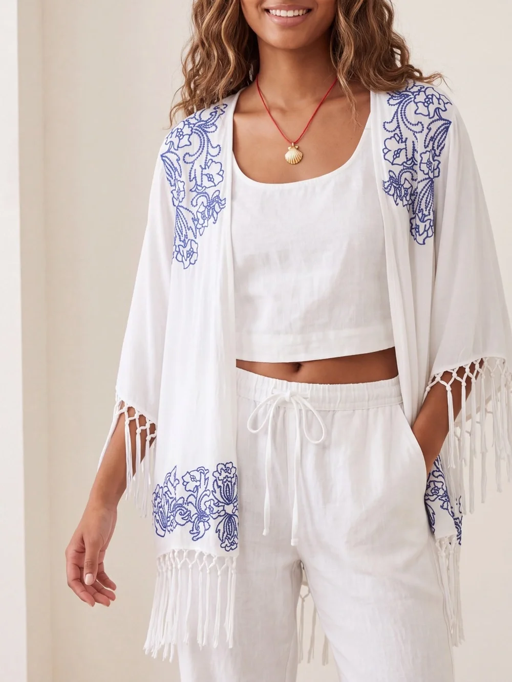 Entro Boho Embroidered Fringe Open Front Kimono Cardigan Cover-Up resortwear